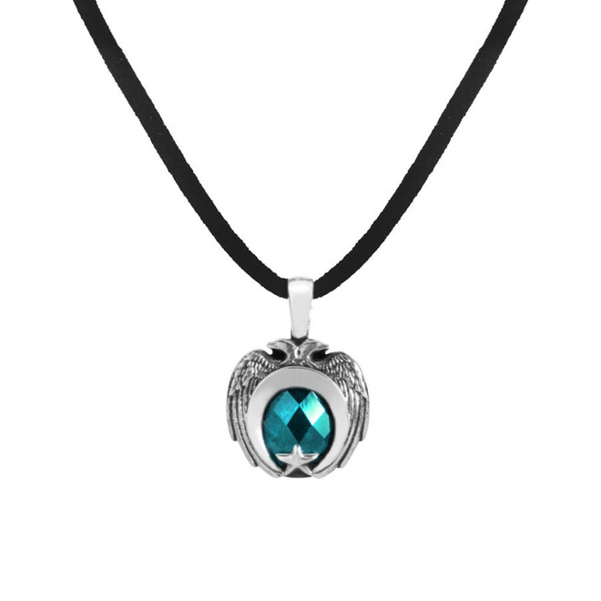 Turquoise Stone Double Eagle Head Moon Star Sterling Silver Necklace - 1