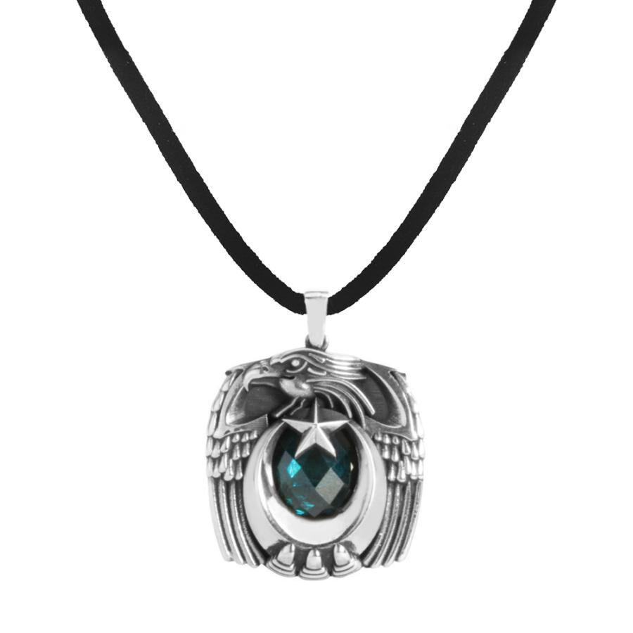 Turquoise Stone Eagle Head Clawed Silver Men's Necklace - 1