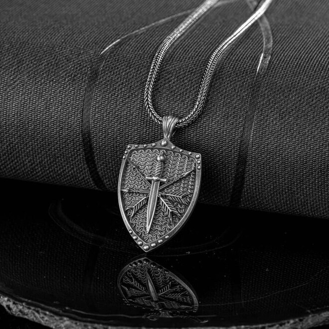 Viking Sword and Shield Motif 925 Sterling Silver Necklace - 1