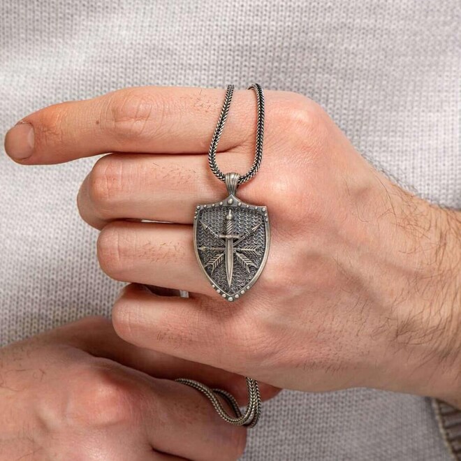 Viking Sword and Shield Motif 925 Sterling Silver Necklace - 2