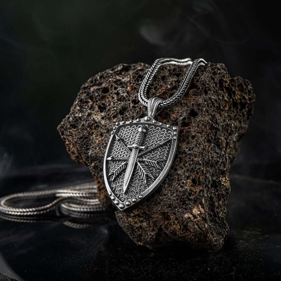 Viking Sword and Shield Motif 925 Sterling Silver Necklace - 3