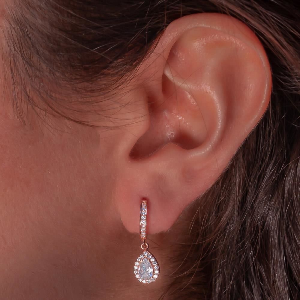 Takıhan White Teardrop Stone Dangling 925 Sterling Silver Earrings with Rose Plating - 1