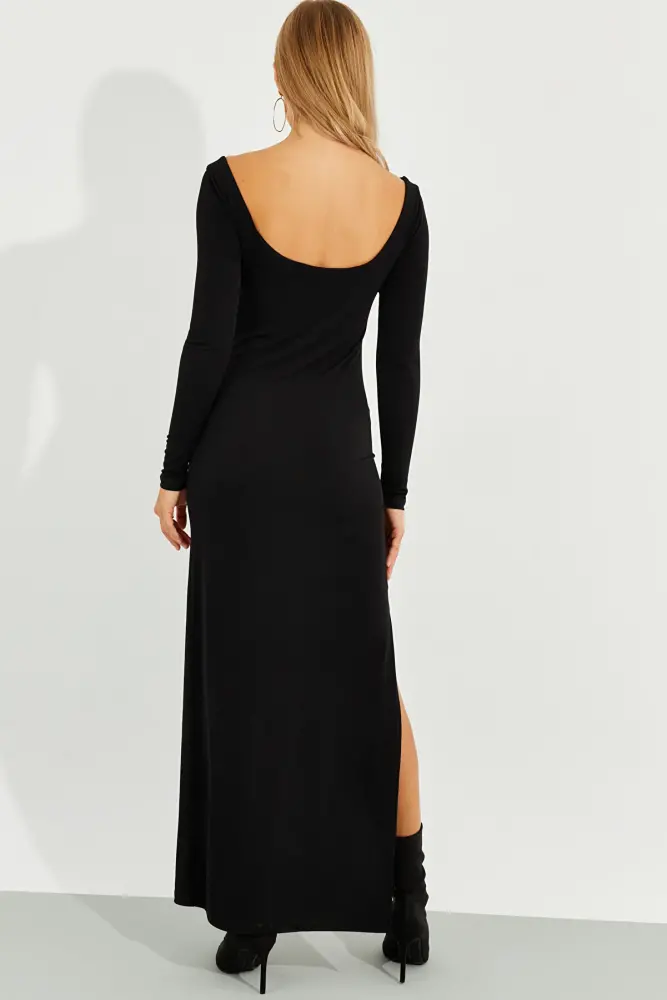 Women's Black Maxi Dress with Slit - 2