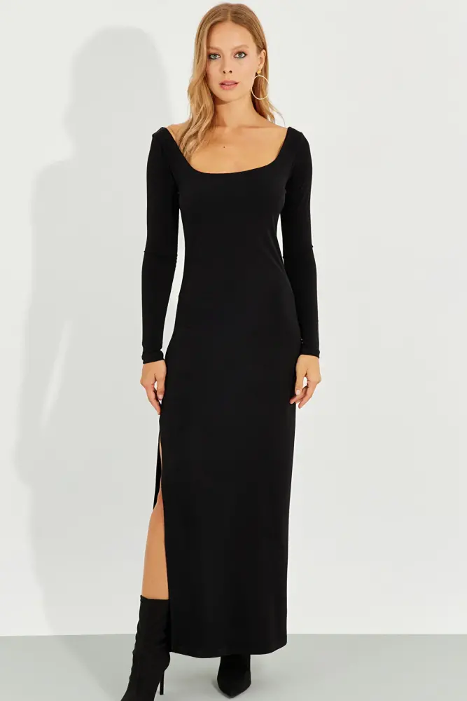Women's Black Maxi Dress with Slit - 3