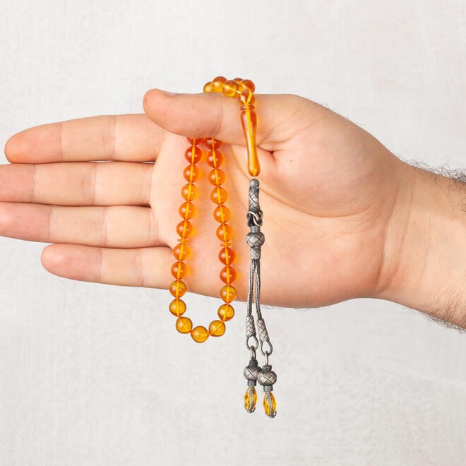 Yellow rosary made of pressed amber with a double tassel - 2